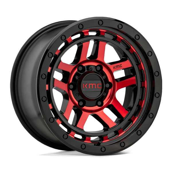 17" KMC WHEELS KM540 RECON GLOSS BLACK MACHINED WITH RED TINT FINISH RIMS